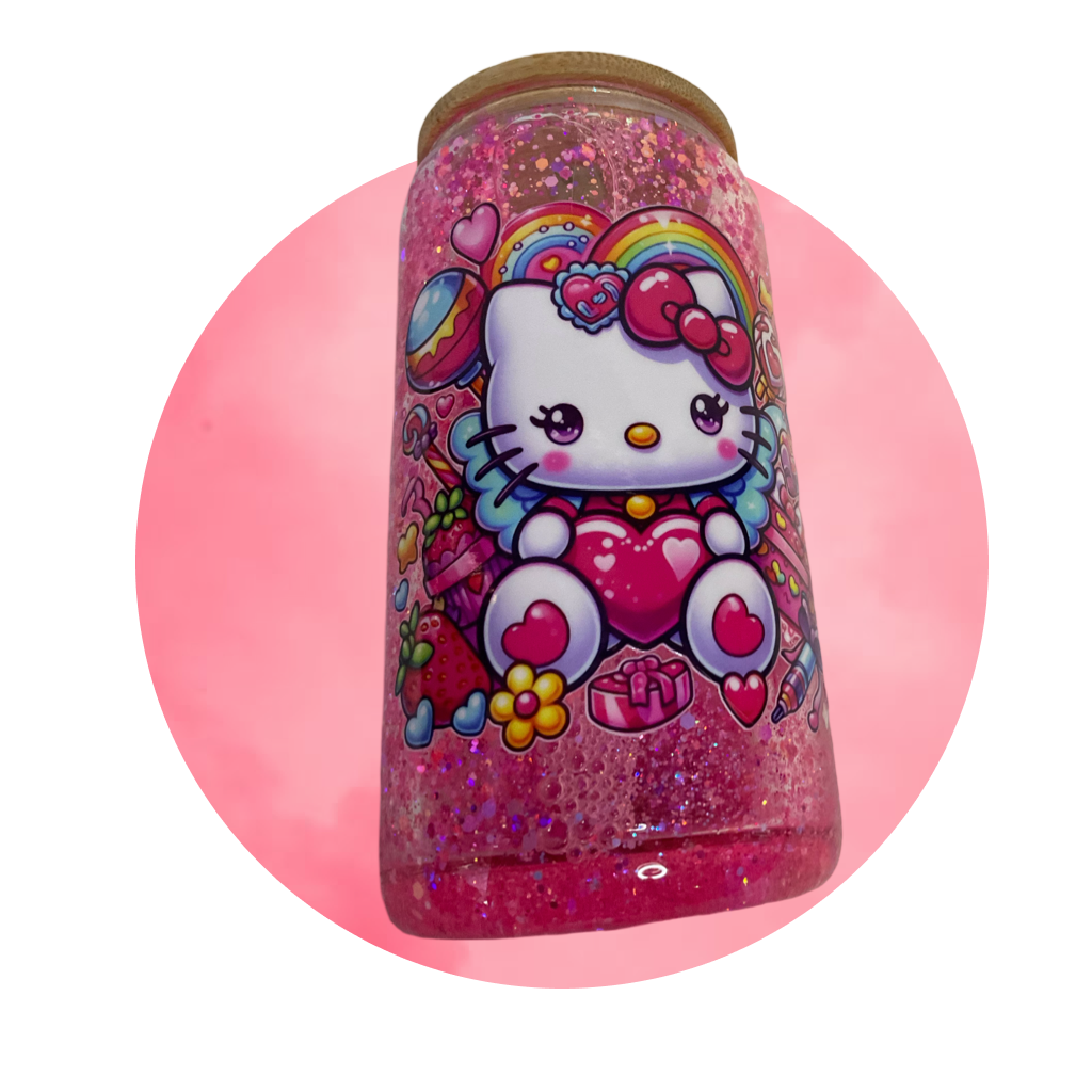 Kitty Rainbow Heart Snowglobe Glass Tumbler