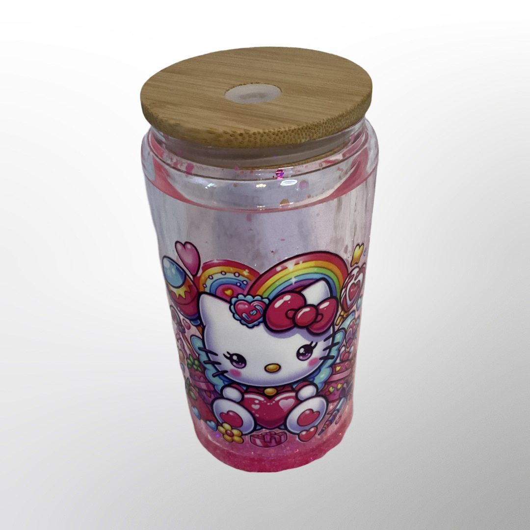 Kitty Rainbow Heart Snowglobe Glass Tumbler